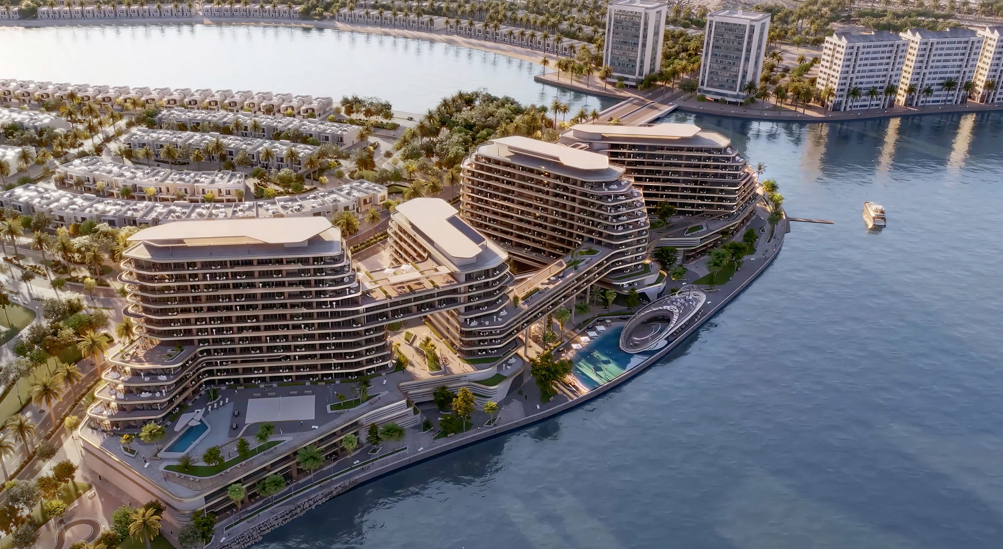 Quattro Del Mar aerial dusk view, four towers above the waterline
