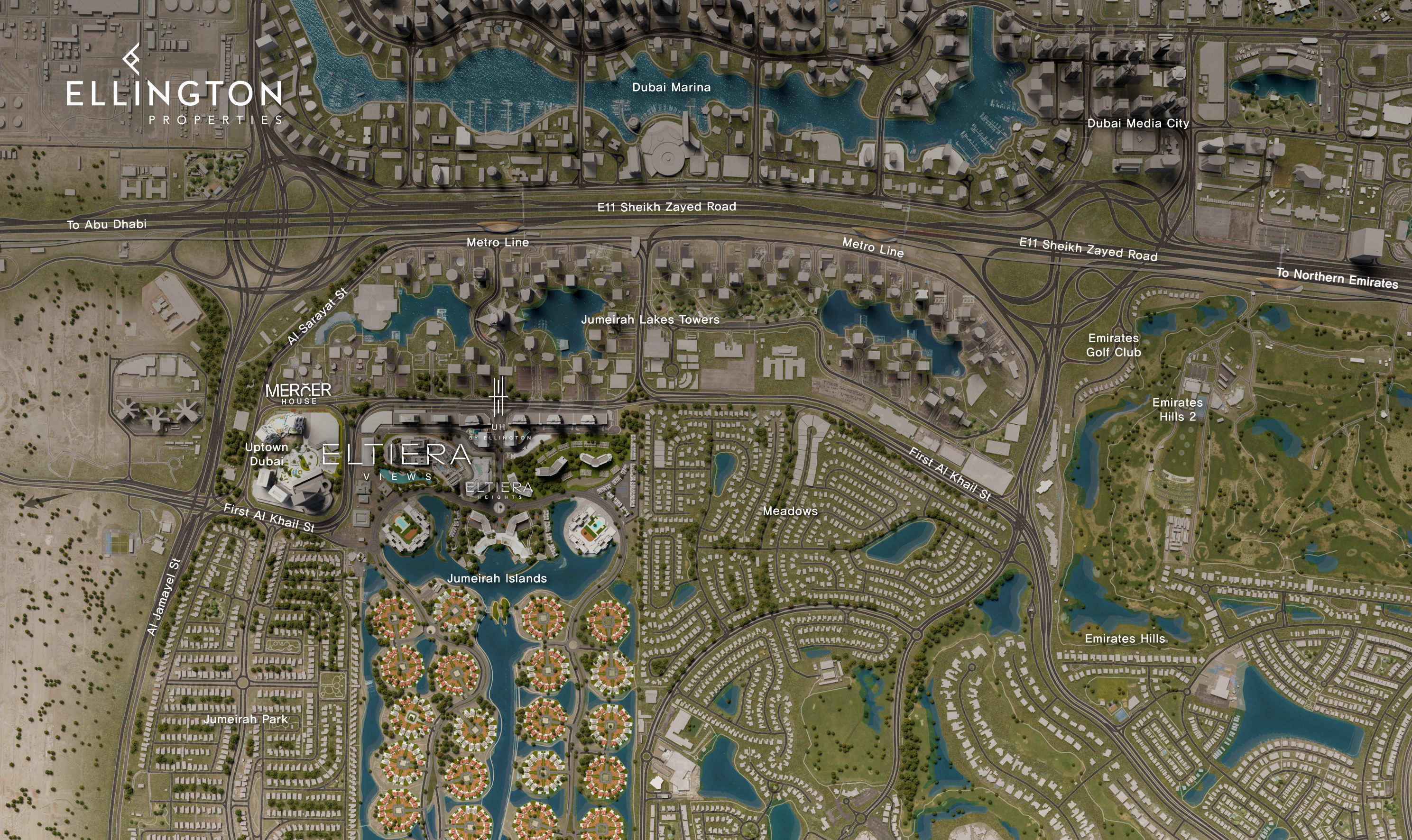 Eltiera Views I · Jumeirah Islands · Uptown Dubai · top-down satellite map